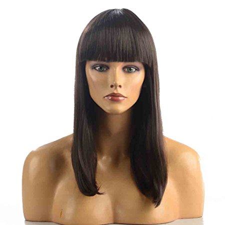 Namecute Long Straight Wigs Deep Brown Wig Neat Bangs Full Capless Heat Resistant Synthetic Wig for Women , Free Wig Cap