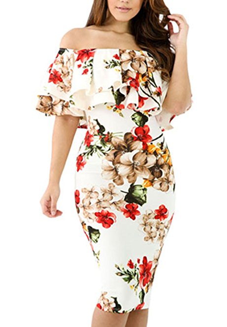 GOSOPIN Women's Off Shoulder Ruffle Bodycon Fit Floral Print Midi Dresses