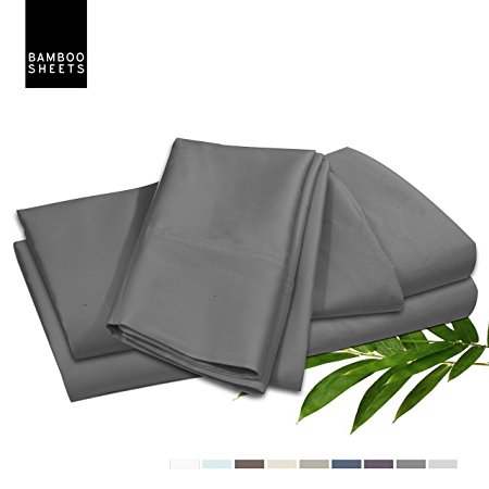 Bamboo Bed Sheet Set, Gray, Queen, Made From 100% Rayon Bamboo Cotton, Luxury Super Silky Soft, Extra Thick Corner Elastic Straps on Fitted Sheet, Flat Sheet & Pillowcases included, Machine Washable