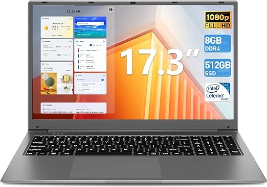 SGIN Laptop, 17 Inch 8GB RAM 512GB SSD Laptops Computer with Intel Celeron Quad Core Processor, IPS FHD Display, Webcam, Dual Wi-Fi, Buletooth 4.2, Mini HDMI, USB 3.0, Gray