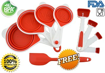 9 PIECE ULTIMATE VALUE PACK - SILICONE MEASURING CUPS AND SPOONS - 6 COLOR OPTIONS with FREE matching Spatula worth $4.99. Portable, Collapsible and made of durable long-lasting food grade Silicone.