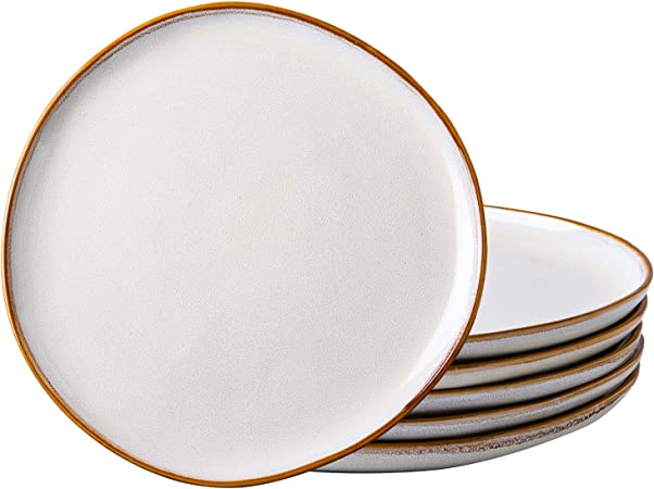 AmorArc Ceramic Dinner Plates Set of 6, 10.5 Inch Handmade Reactive Glaze Stoneware Plates, Large Rustic Shape Dinnerware Dish Set for Kitchen, Microwave & Dishwasher Safe, Scratch Resistant - Ivory