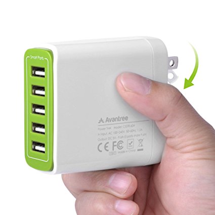 Avantree Multi USB Wall Charger with Foldable Plug, Portable for Travel, 5 Port 48W, for iPhone 7 6s 6 plus, iPad, Samsung Phones - PowerTrek White