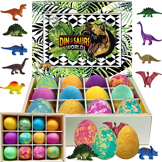 Bath Bombs for Kids with surprise inside - Set of 12 Colorful Egg Bath Fizzies with Dinosaur toys. Gentle and kids safe Spa Bath Fizz Balls Kit. Birthday or Easter gift for girls and boys