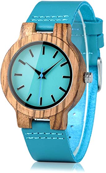 BOBO BIRD Mens Women's Bamboo Wooden Watch with Blue Cowhide Leather Strap Casual Watches for Love Gift with Box