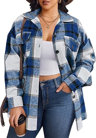 Zeagoo Women's Plus Size Flannel Plaid Shacket Button Down Color Block Shirts Tops Long Sleeve Casual Fall Jacket Coat