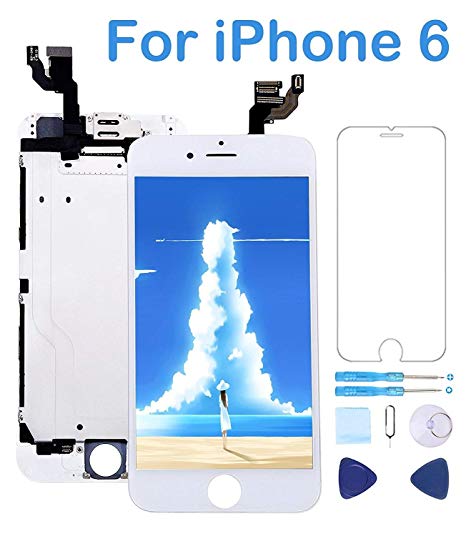 Screen Replacement Compatible with iPhone 6 White 4.7" Inch LCD Display Touch Digitizer Frame Full Assembly Repair Kit,Attached Proximity Sensor,Ear Speaker,Front Camera,Screen Protector,Repair Tools