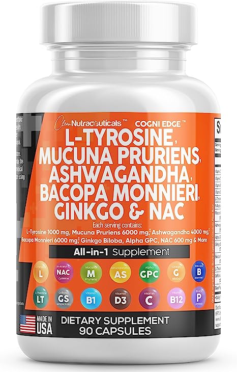 L-Tyrosine 1000mg Mucuna Pruriens 6000mg Bacopa Monnieri 500mg Ashwagandha 4000mg Supplement with N-Acetyl Cysteine 600mg NAC 5-HTP Ginkgo Biloba Alpha GPC L Theanine Vitamin C D B1 B12 USA Made