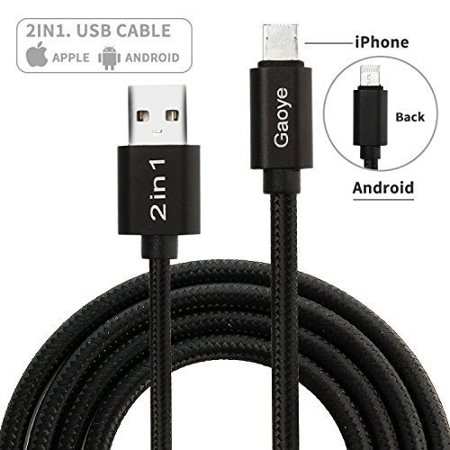 Micro USB Cable, iPhone Charger, Gaoye Metal 2 in 1 Lightning Cable (3.3ft) [Apple MFi Certified] 8 Pin High Speed Charging Micro Cable for iPhone iPad Samsung HTC LG Huawei Android Phones