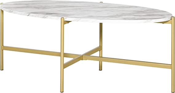 Table Basse Ovale Design Style Art déco dim. 121L x 51l x 45H cm Structure métal doré Plateau Aspect marbre Blanc