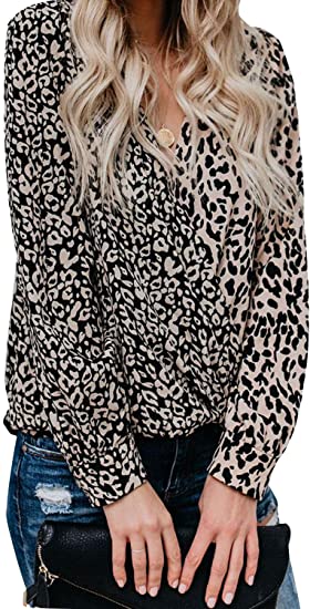 BTFBM Women Casual Blouse Wrap V-Neck Drape Twist Front Leopard Floral Print Irregular High Low Hem Shirt Tunic Tops