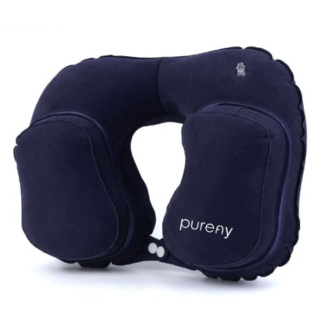 Travel Pillow Purefly Inflatable Neck Pillow for Airplanes Cars Buses Trains Home or Office Snaps Support Your NeckChinBack of Head