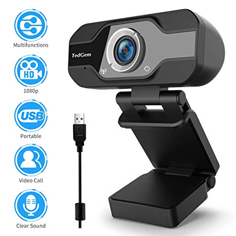 TedGem Webcam 1080P PC Webcam with Microphone Full HD Webcam USB Webcam Streaming Webcam for Video Calls and Recording Small/Flexible/Adjustable, Supports Windows, Android, Linux