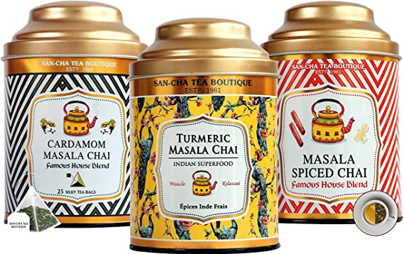 Sancha Tea Boutique Masala Chai Tea Bundle, Value Pack, 50 Pyramid Tea Bags & 100gm Whole Leaf Tea, Turmeric Superfood Chai, Masala Chai & Cardamom Chai, 100% Biodegradable Tea Bags