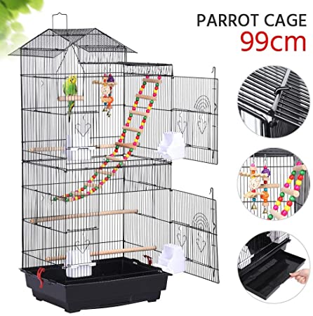 Yaheetech 99CM Roof Top Large Metal Bird Cage Parrot Cockatiel Conure Parakeet Budgie Lovebird Finch Pet Bird Cage w/Ladder Hanging Toys