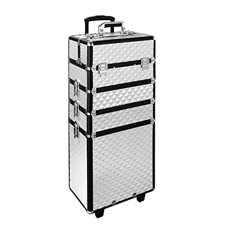 Joligrace Extra Large Beauty Trolley On Universal Wheels Cosmetic Case Rolling Case Beauty Box Vanity Case Hairdressing Organiser for Salon, Beauty Studio, Professional Makeup Artist (4 Tiers, Silver)
