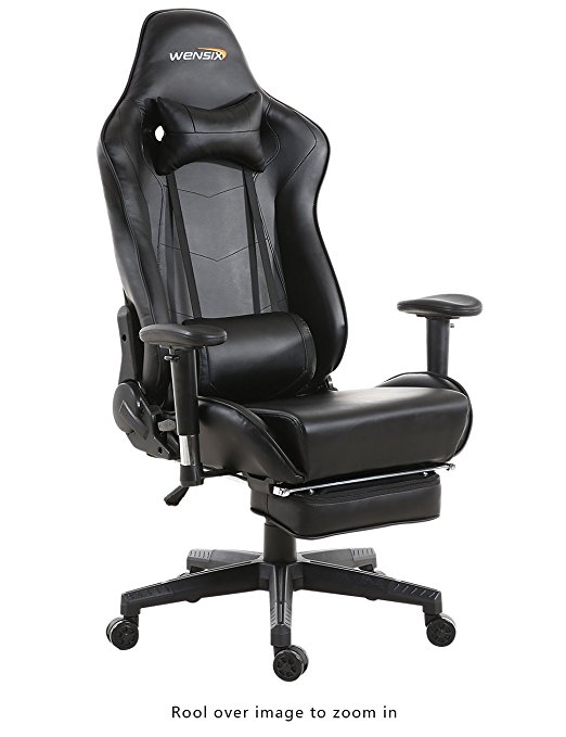 WENSIX Gaming Chair High-back Racing Style Computer Chair Swivel Video Game Chair with Footrest(Black)