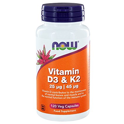 Now Foods Vitamin D3 and K2 Veg Capsules, 25 mcg/45 mcg, Pack of 120