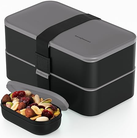 Bentoheaven Premium Bento Box Adult Lunch Box with Compartments for Women & Men, Set of Utensil & Chopsticks & Dip Container, Cute Japanese Kids Bento Lunch Box, Microwavable (Whispering Gray)