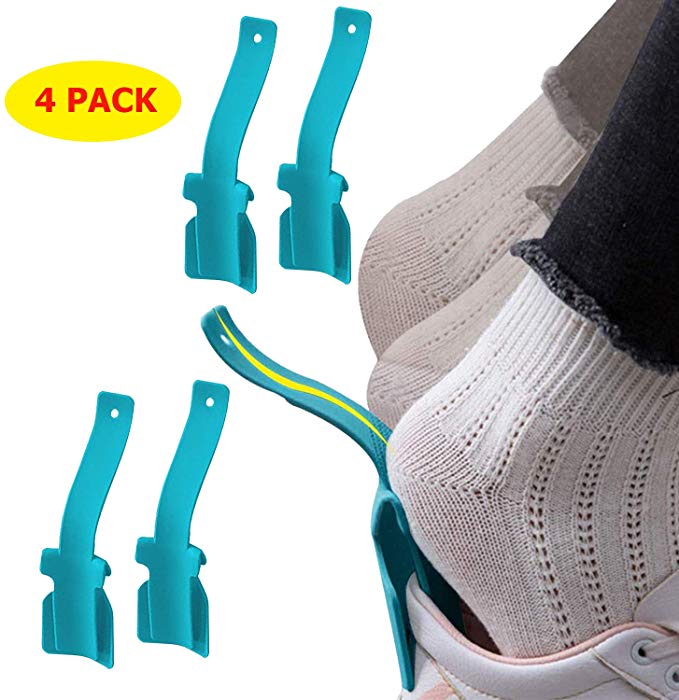 4Pcs Lazy Shoes Helper for Easy to Wear Shoes, Portable Shoe Lifting Helper for Men Women and Kids, Sock Slider Handled Shoe Horn for Elderly Seniors Disabled - Perfect for Everyday Use (Blue)