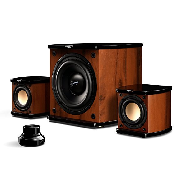 Swan Speakers M20W 2.1 Living Room Laptop Speaker with 3.5 mm Quick Swap Cable and Volume Turntable - Rosewood/Pink Gold