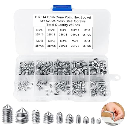 250 PCS M3 M4 M5 M6 M8 Hex Allen Head Socket Set, Cone Point Set Hex Grub Screw Assortment Kit with Box for Door Knobs Handles (304 Stainless Steel, Metric)