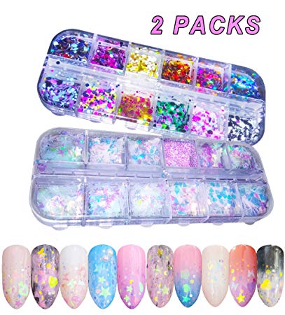 Holographic Nail Sequins and Colorful Round Nail flakes Mermaid Iridescent Nail Glitter Flakes Make Up for Face Body Eyes 24 Boxes