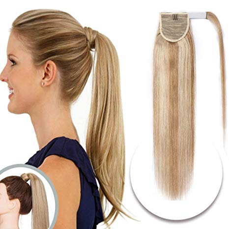 20 Inch Wrap Around Ponytail Extensions Remy Human Hair Highlighted Wrap Pony Tail Hairpiece for Women One Piece #18/613 Ash Blonde Mix Bleach Blonde