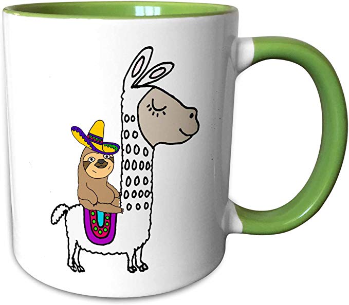 3dRose 273492_7 Funny Cute Sloth with Sombrero Riding White Llama Cartoon, Green Mug, 11 oz