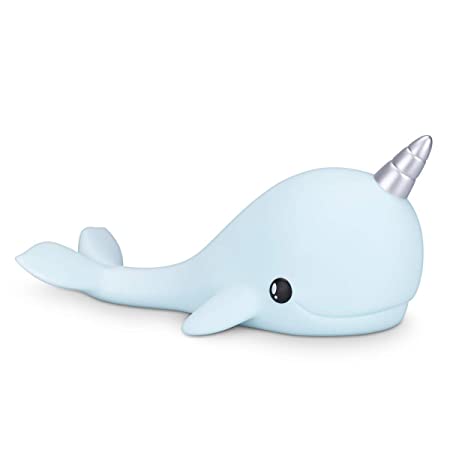 Navaris Narwhal Night Light - Battery Powered Color Changing LED Lamp for Kids, Baby Nursery, Boys, Girls - BPA-Free and Phthalate-Free - Light Blue