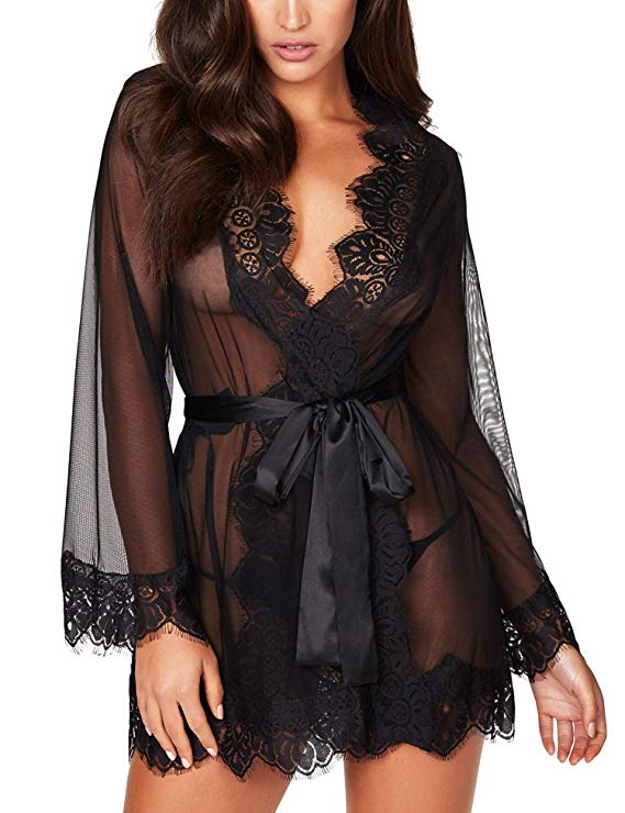 RSLOVE Women's Lace Kimono Robe Sexy Babydoll Lingerie Mesh Nightgown Cover Up