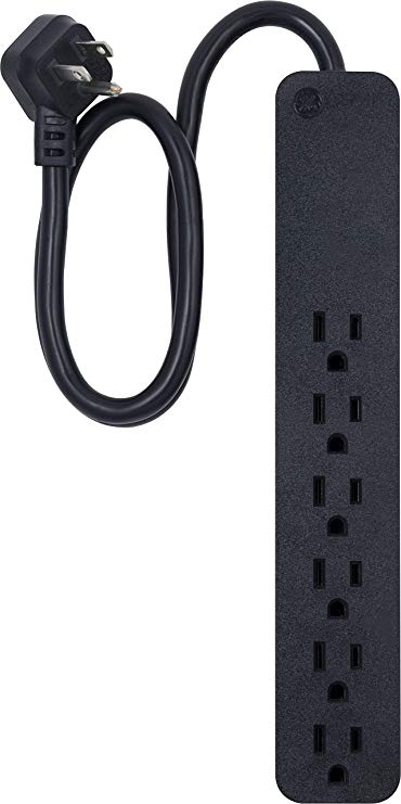 GE Pro 6 Outlet Surge Protector, 2 ft Long Extension Cord, Power Strip, Flat Plug, Wall Mount, Black, 45170