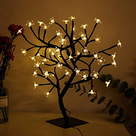 FuChsun Bonsai Blossom Lights Cherry Tree 48 LED Warm White Soft Crystal Flower Black Branches Smart Timer Battery Operated Moldable for Desk Top Ideal Décor Christmas Festival