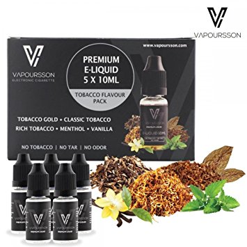 VAPOURSSON 5 X 10ml E Liquid | Classic Tobacco | Tobacco Gold | Rich Tobacco | Menthol | Vanilla | New Super Grade Formula To Create A Super Strong Flavour with Only High Grade Ingredients | Made For Electronic Cigarette and E Shisha