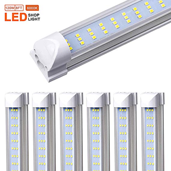 FTUBET LED Shop Light Fixture 8ft, T8, 120W 12500lm 6000K, Clear Cover, 3Rows, Cold White, Tube Light, Hight Output, Bulbs for Garage, Warehouse, Plug and Play,8 PCS