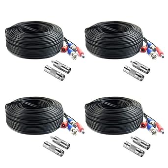 Tyumen 4 Pack 60FT (18.3 Meters, Black) All-in-One BNC Video and Power Security Camera Cable, BNC Extension Surveillance Camera Wire for CCTV Camera DVR Security Systems