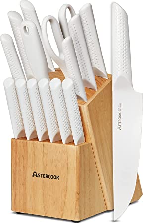 Knife Set, 15 Pieces Chef Knife Set with Block for Kitchen, German Stainless Steel Knife Block Set, Dishwasher Safe, Ivory White