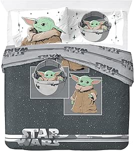 Jay Franco Star Wars The Mandalorian Curious Child Parure de lit double 100 % coton avec 2 taies d'oreiller, Gris Mandalorien, Full