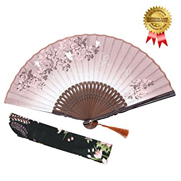 OMyTea 8.27"(21cm) Women Hand Held Silk Folding Fans with Bamboo Frame - With a Fabric Sleeve for Protection for Gifts - Chinese / Japanese Style Butterflies and Morning Glory Flowers Pattern (Brown)