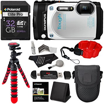 Olympus TG-870 Tough Waterproof Digital Camera (White)   32GB Class 10   Memory Card Reader   12" Tripod   Camera Case   Polaroid Floating Foam Strap   Polaroid Cleaning Kit   Accessory Bundle