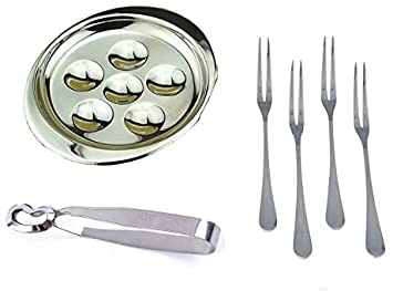 MBB Escargot Dining Set 6 Compartment Holes Snail Plate Tong 4 Forks Stainless Steel