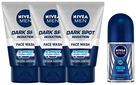 Nivea Dark Spot Reduction Face Wash, 100ml (Pack of 3) & Fresh Active Roll On For Men, Anti-perspirant, 50 Ml