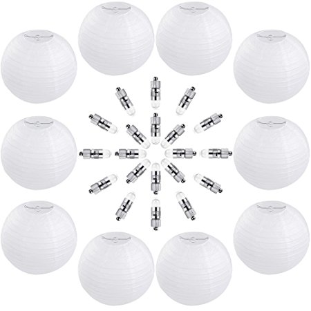 Vastar 10 Packs 12 Inch White Round Paper Lanterns , 20 Pack White LED Party Lights Light and Extra 60 LED light Batteries