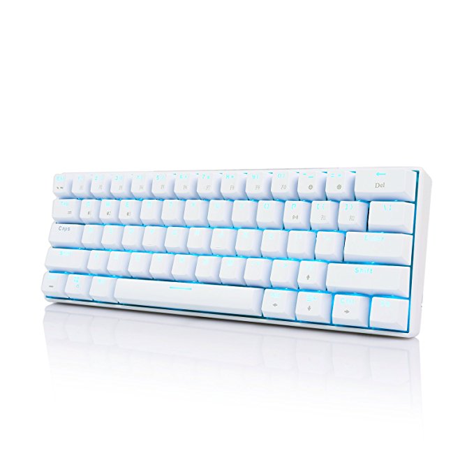 Royal Kludge RK61 Wired/ Wireless Bluetooth 3.0 Multi-Device LED Backlit Mechanical Gaming/Office Keyboard for iOS, Android, Windows and Mac with Rechargeable Lithium Battery, Blue Switch –White