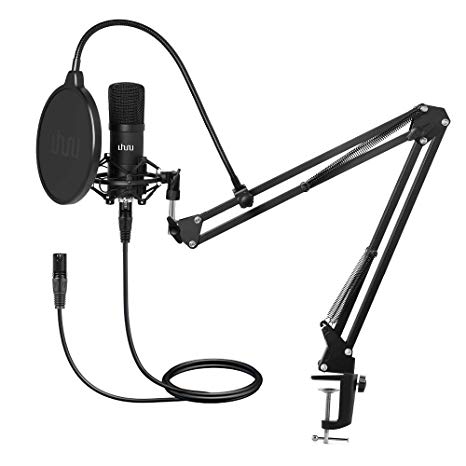 XLR Condenser Microphone, UHURU Professional Studio Cardioid Microphone Kit with Boom Arm, Shock Mount, Pop Filter, Windscreen and XLR Cable, for Broadcasting, Recording, YouTube