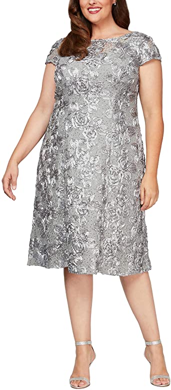 Alex Evenings Women's Plus Size Tea Length Dress with Rosette Detail