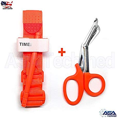 ASATechmed One Hand Tourniquet Combat Application First Aid Handed   Free Trauma Shear (Orange)