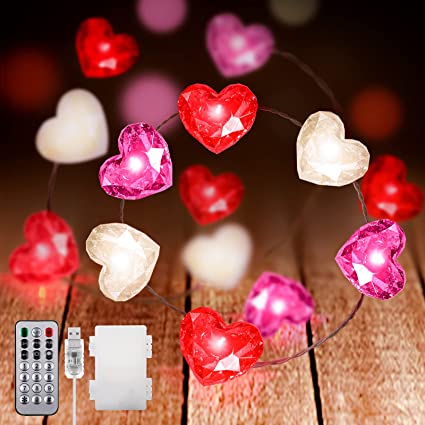 Mushroom Butterfly Cherry Blossoms Acorn LED String Lights, 16.4 ft 50 LEDs Christmas Decorations Starry Lights, Battery and USB with Remote for Indoor Outdoor Garden Party Decoration (Heart)