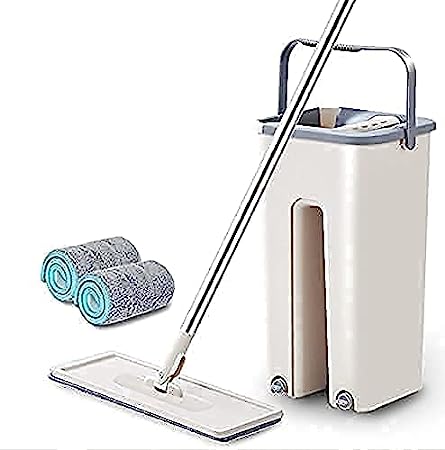 Fresh Step Heavy Quality Floor Mop with Bucket, Flat Squeeze Cleaning Supplies 360° Flexible Mop Head/2 Reusable Pads Clean Home Floor Cleaner Wipes (Flat Mop)