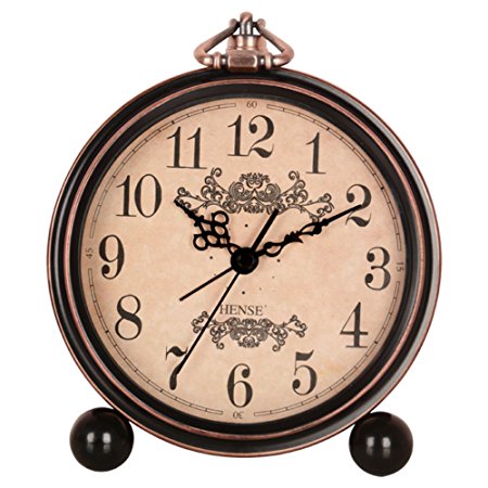 HENSE 5" Classic Retro Antique Design European Style Decorative Mantel Clock Mute Silent Quiet Quartz Movement Metal Frame Desk Table Alarm clock HA65 (Arabic-Modern)